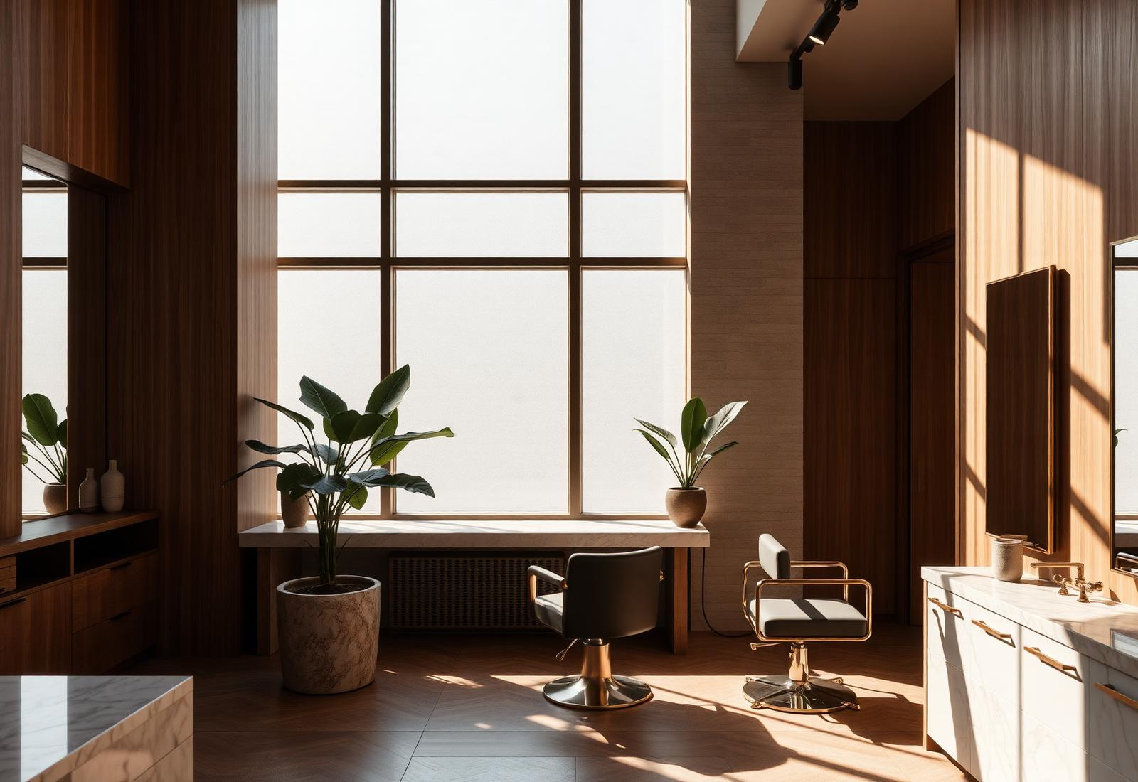 Modern luxury hair salon interior with stylist stations and warm lighting